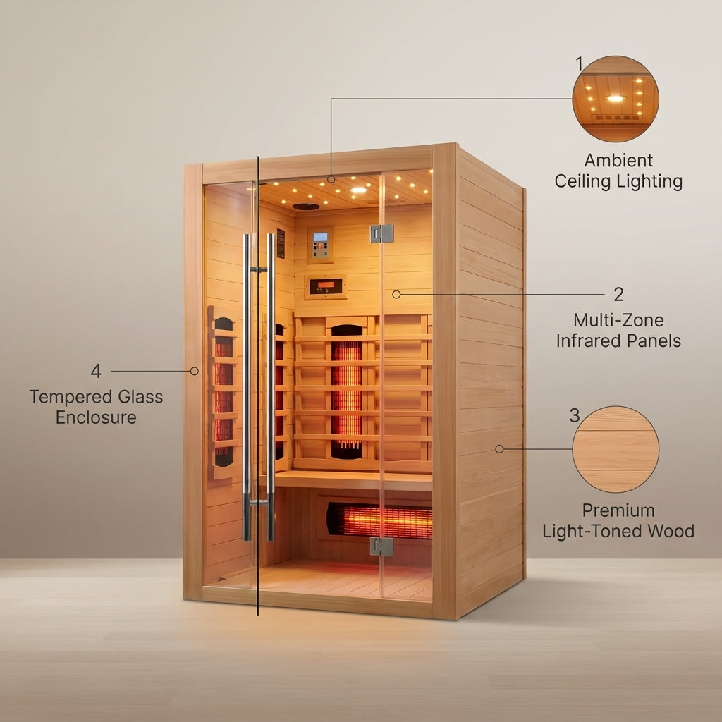 Heliox LuminaWood Infrared Sauna Cabin — infographic
